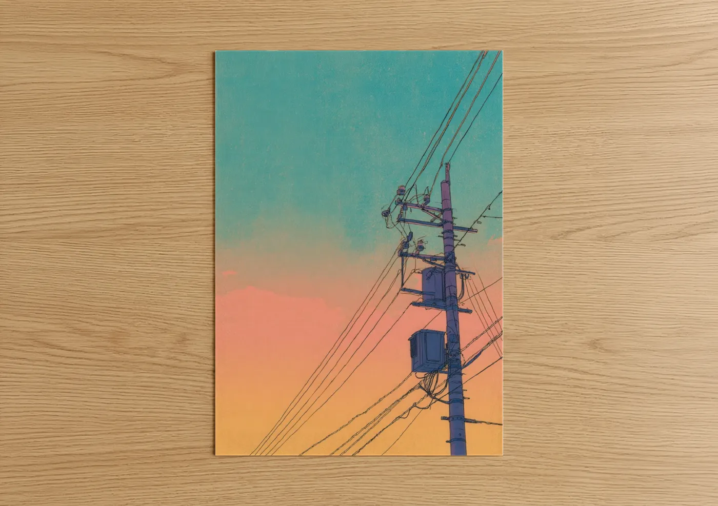 Art print on warm oak wood — teal and peach palette — Sunset Power Lines poster