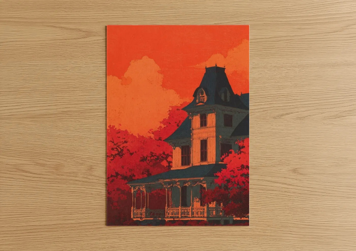 Victorian House Red Sunset Illustration Wall Art