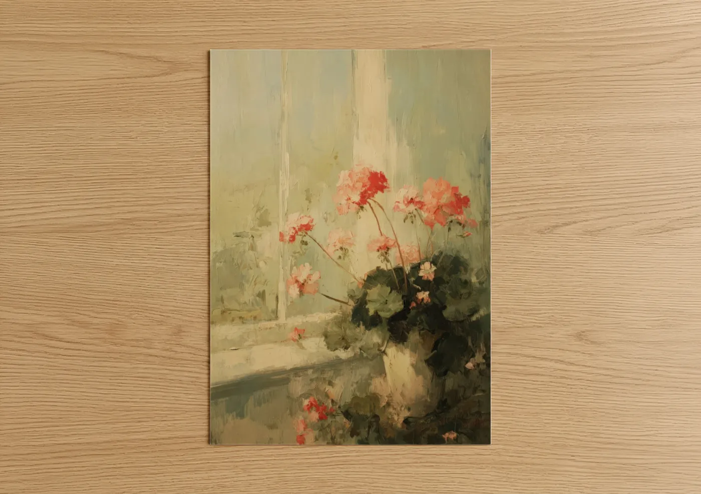 Coral Geraniums Window Light Painting Wall Art