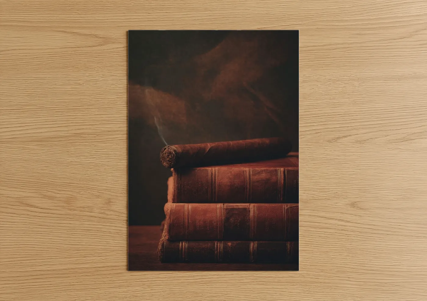 Cigars art print on warm oak wood — russet and black palette — Vintage Cigar Study poster