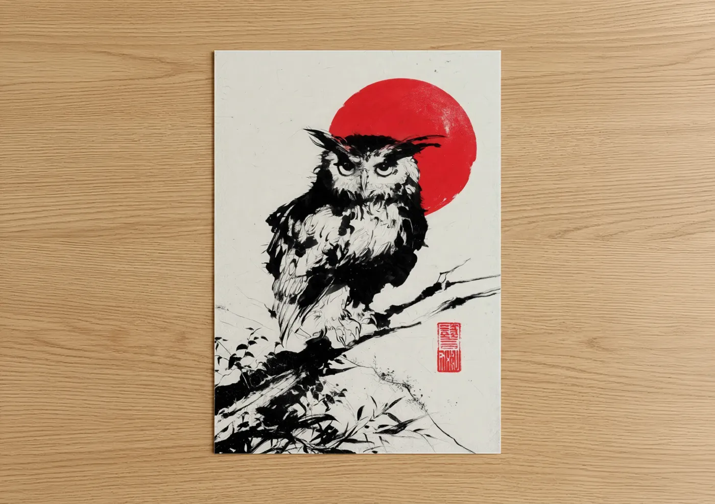 Art print on warm oak wood — black and white and red palette — Red Moon Owl poster