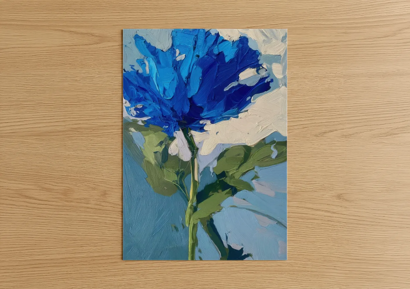 Abstract flower art print on warm oak wood — blue and green palette — Cobalt Bloom poster