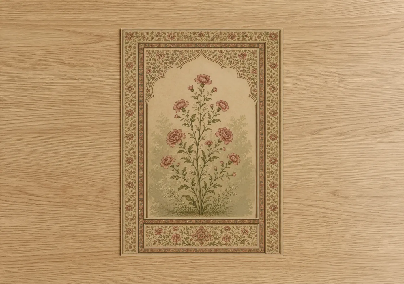 Carnations art print on warm oak wood — beige and salmon pink palette — Persian Floral Carnation Botanical Wall Art poster