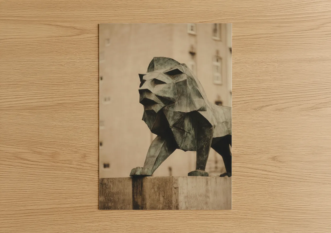 Art print on warm oak wood — gray and black and white palette — Geometric Lion poster