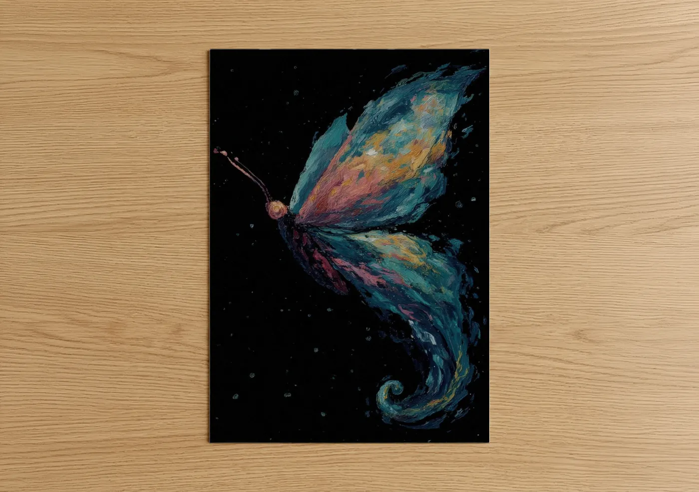 Art print on warm oak wood — teal and gold palette — Cosmic Butterfly poster