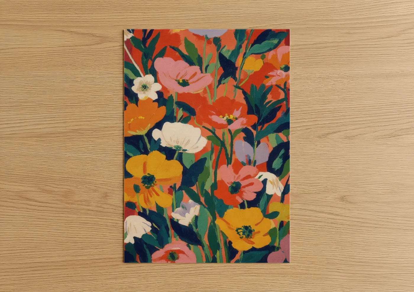 Art print on warm oak wood — orange and pink palette — Vibrant Wildflower Field poster