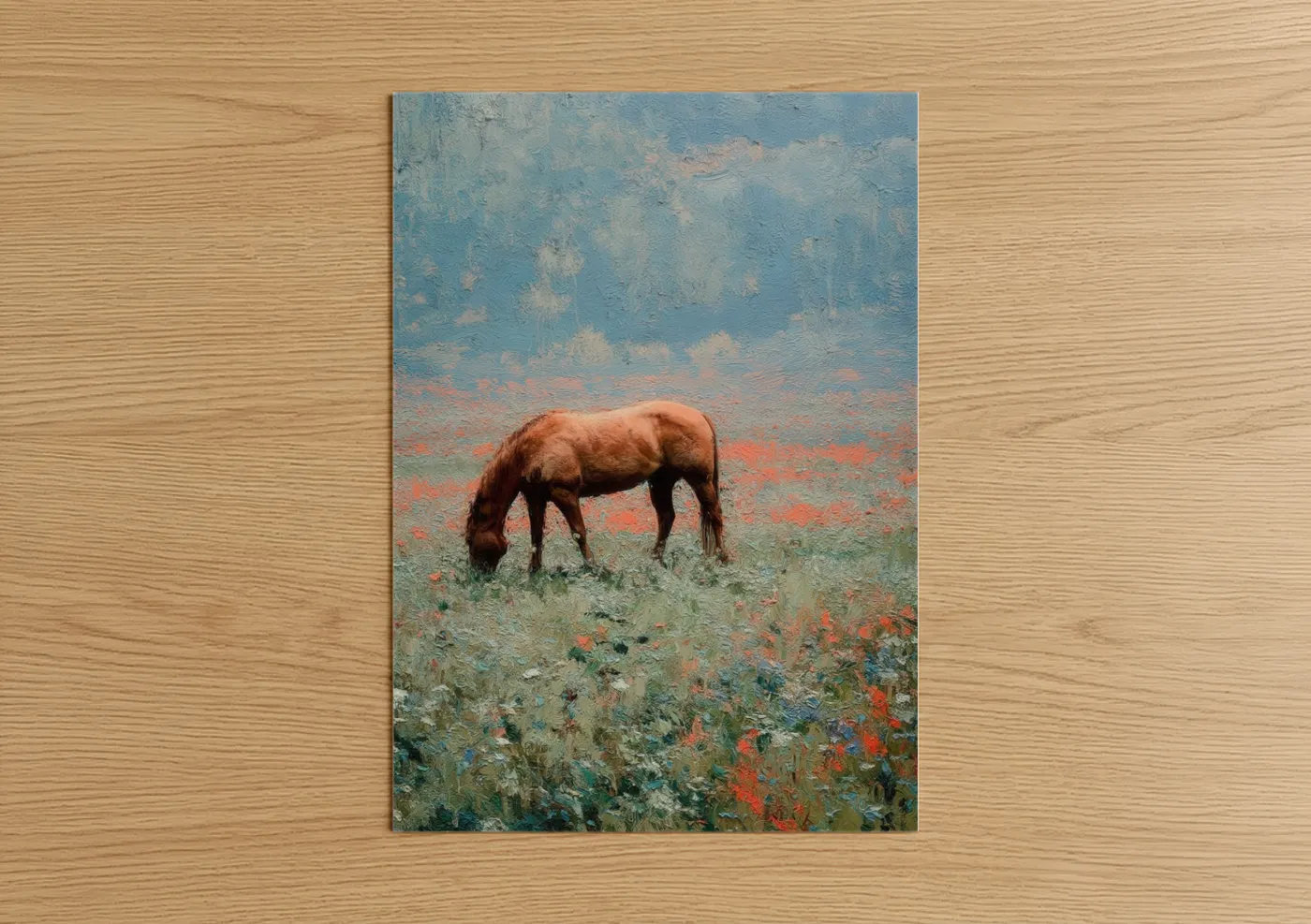 Brown Quarter Horse Grazing Wildflower Field Wall Art