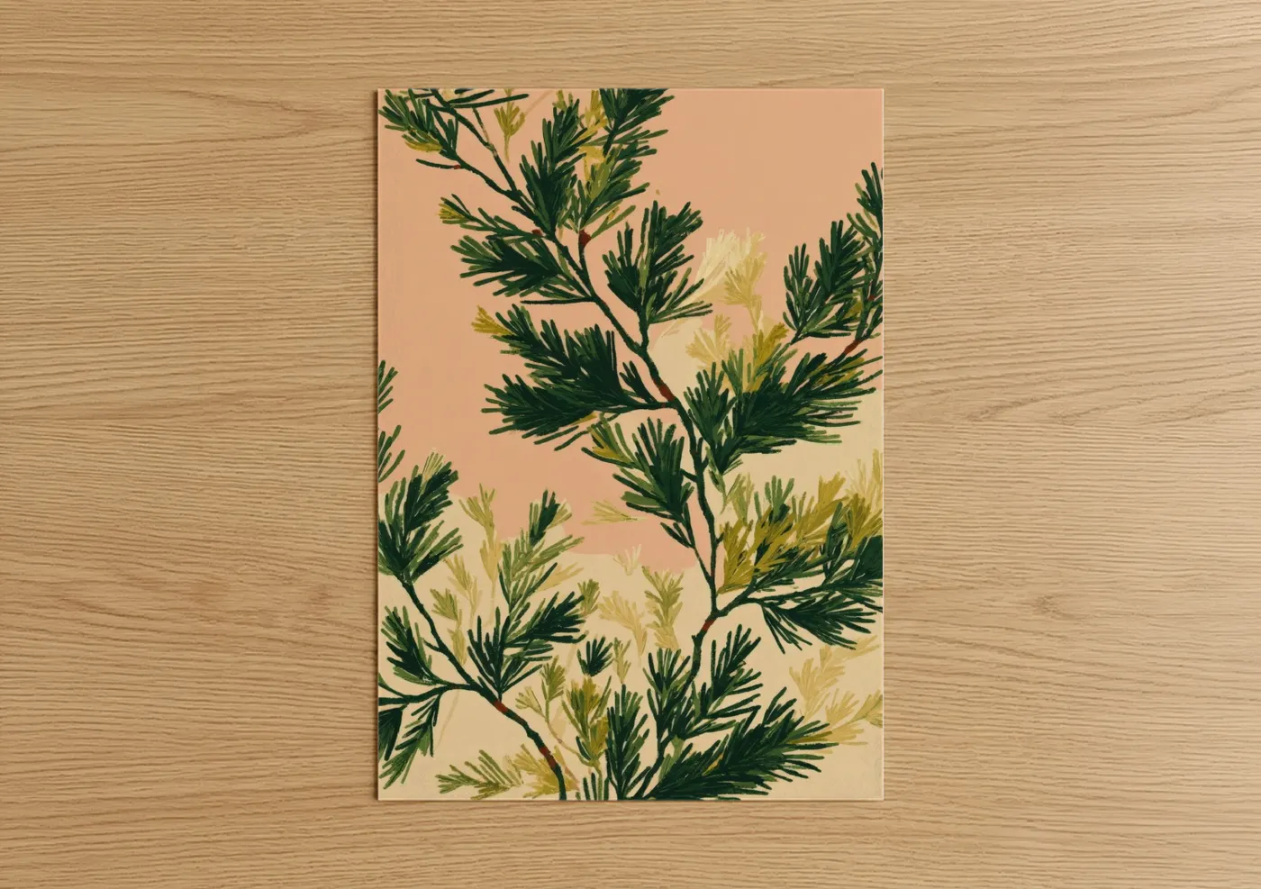 Juniper tree art print on warm oak wood — true green and peach palette — Feathered Juniper poster