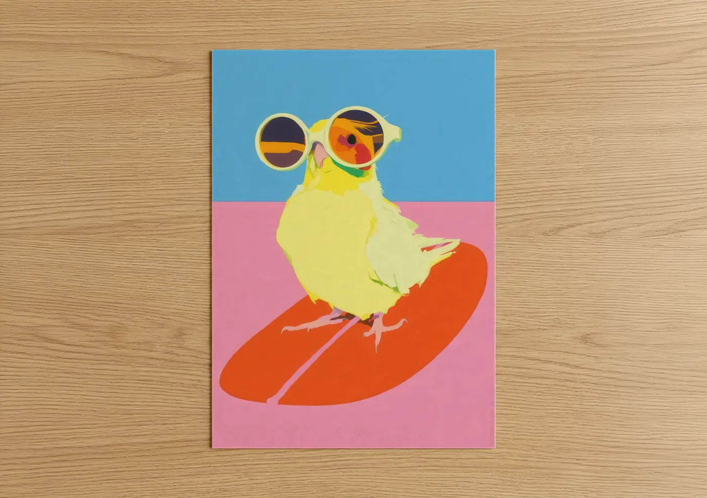 Art print on warm oak wood — yellow and pink palette — Surfing Cockatiel poster