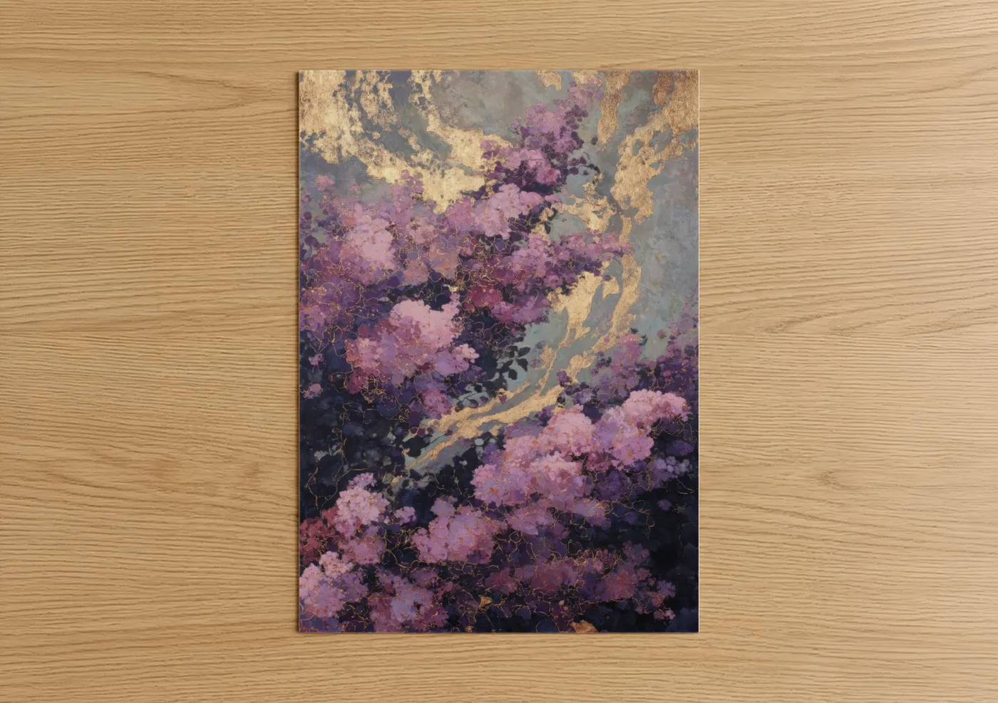 Midnight Lilac Flowers Gold Foil Art Wall Art