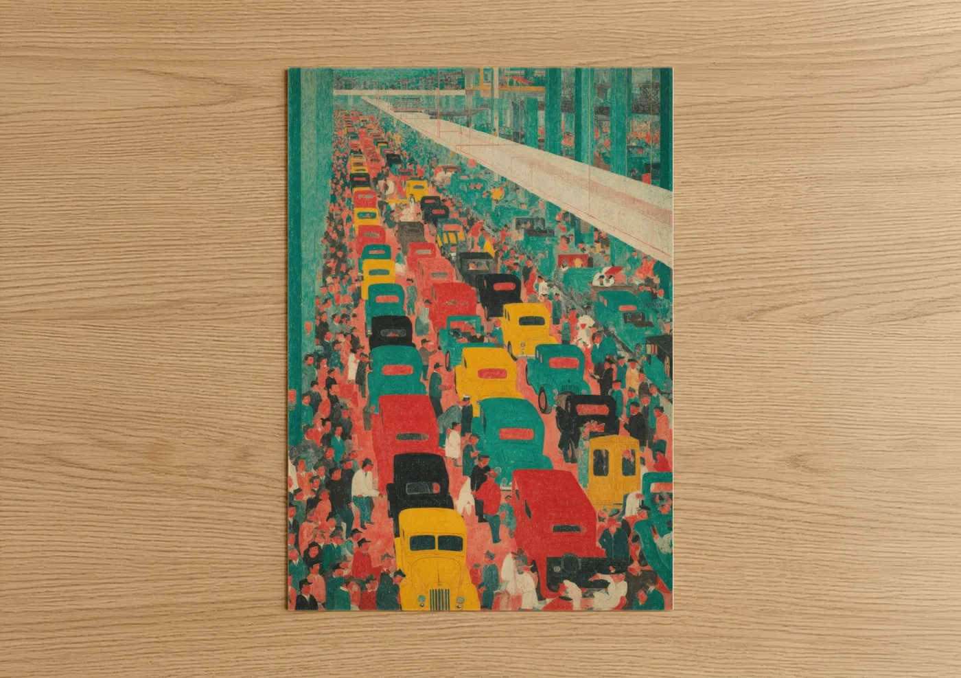 Labor day art print on warm oak wood — red and teal palette — Rush Hour Vintage poster