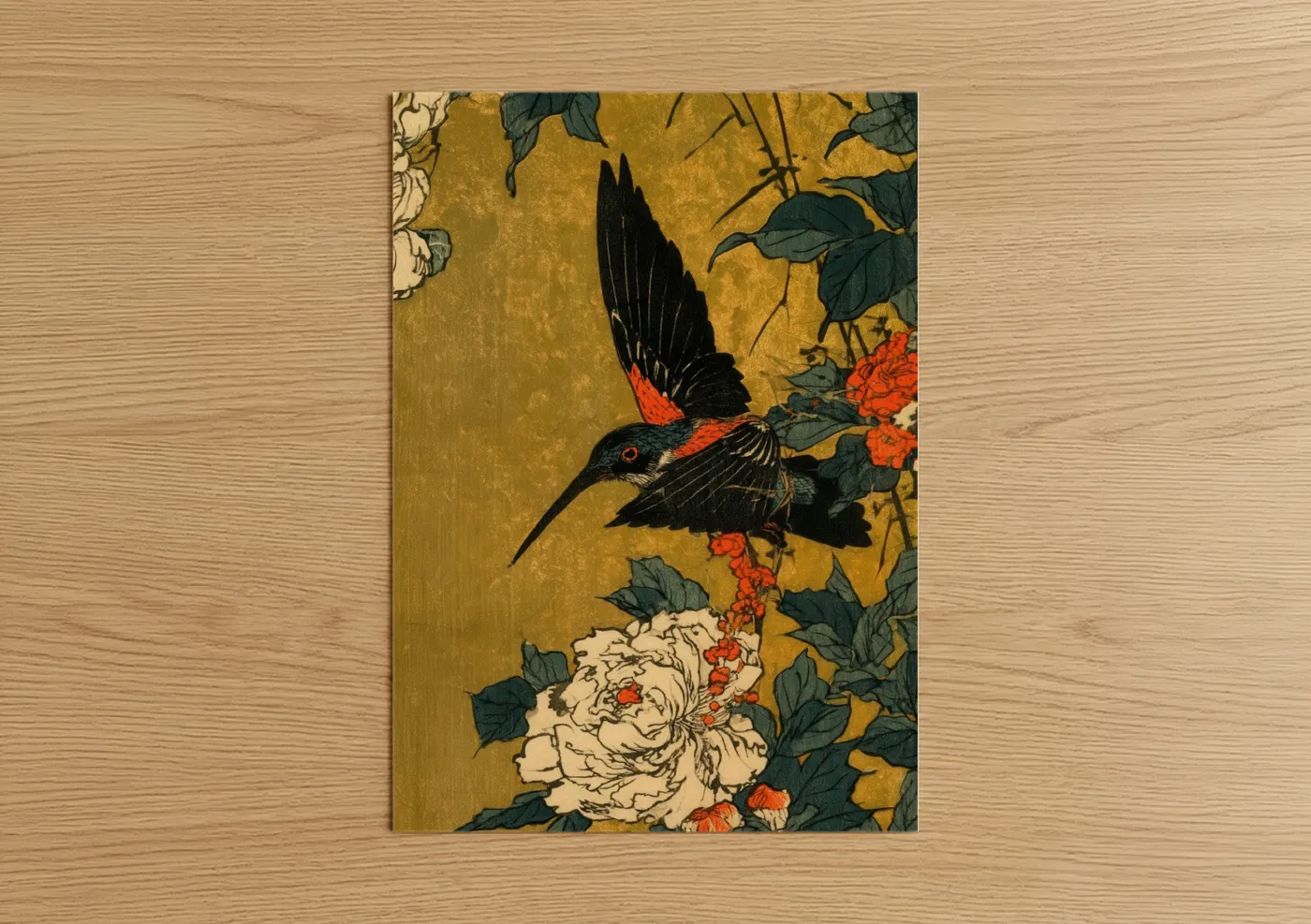 Crimson Hummingbird Japanese Woodblock Wall Art