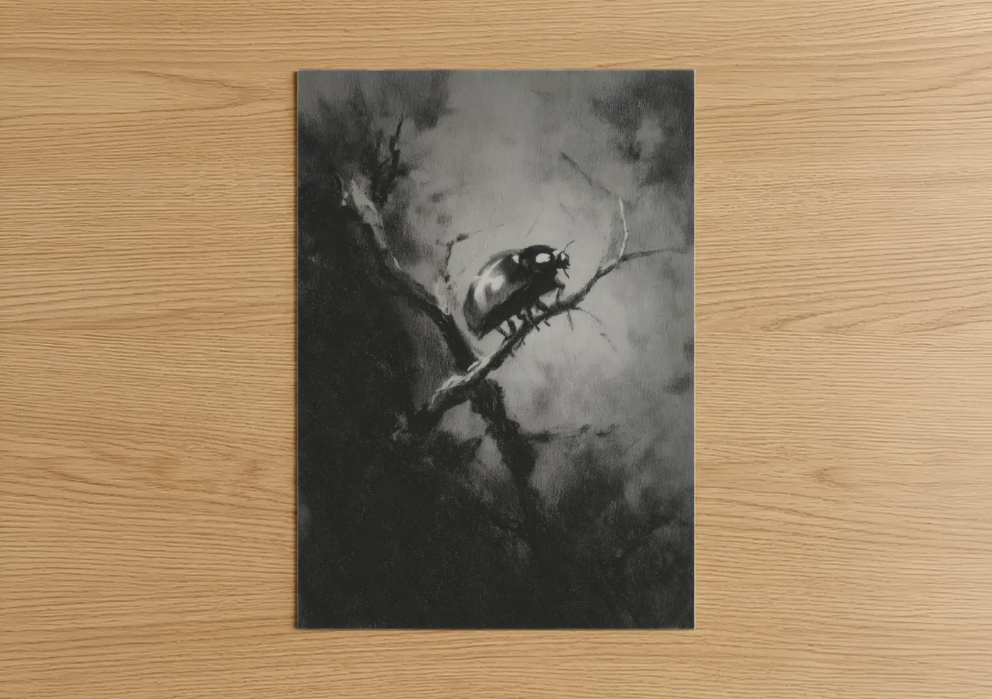 Art print on warm oak wood — black and white and gray palette — Contemplative Ladybug poster
