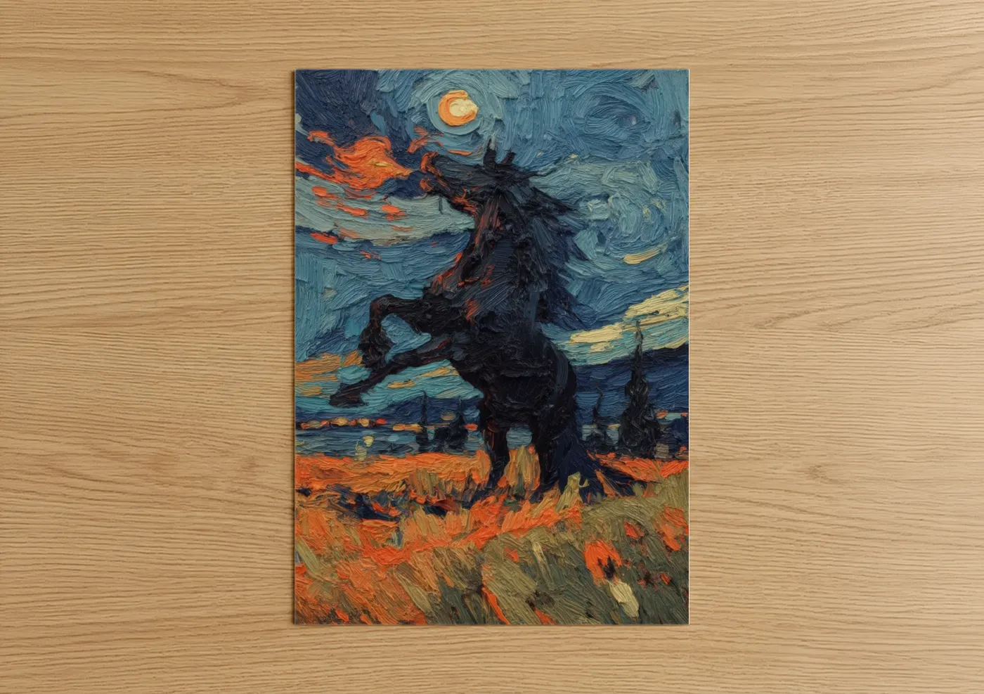 Art print on warm oak wood — blue and orange palette — Midnight Friesian Horse poster