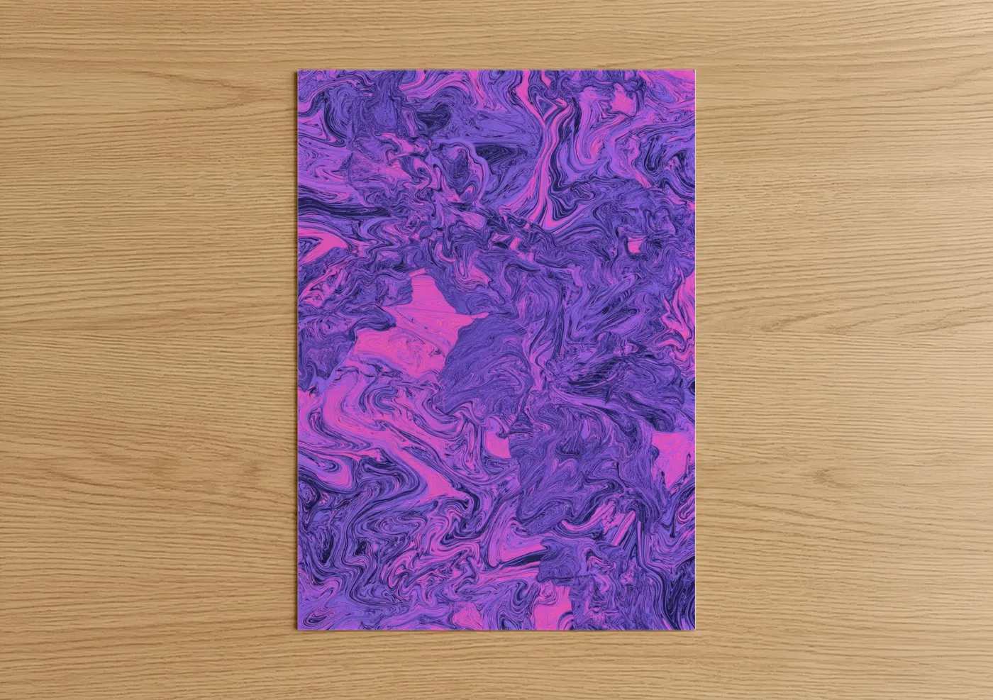 Abstract flower art print on warm oak wood — magenta and purple palette — Magenta Marble Swirl poster