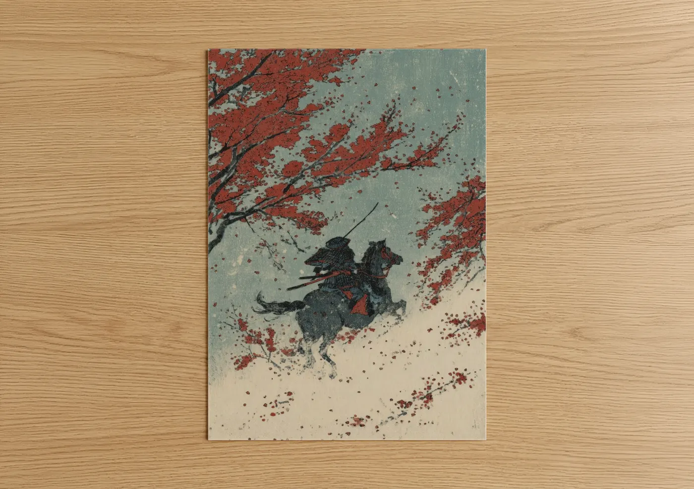 Horseback art print on warm oak wood — red and sage green palette — Autumn Samurai poster