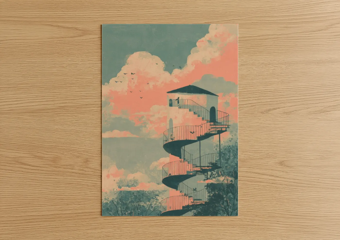 Surreal Spiral Tower Pink Sky Wall Art