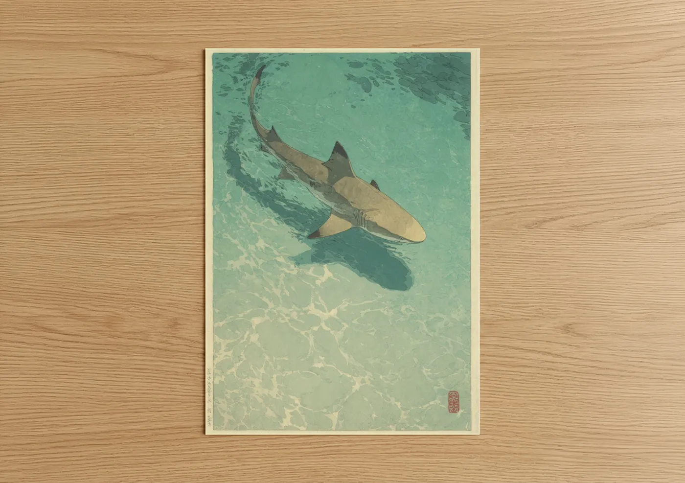 Art print on warm oak wood — teal and cream palette — Shallow Water Lemon Shark poster