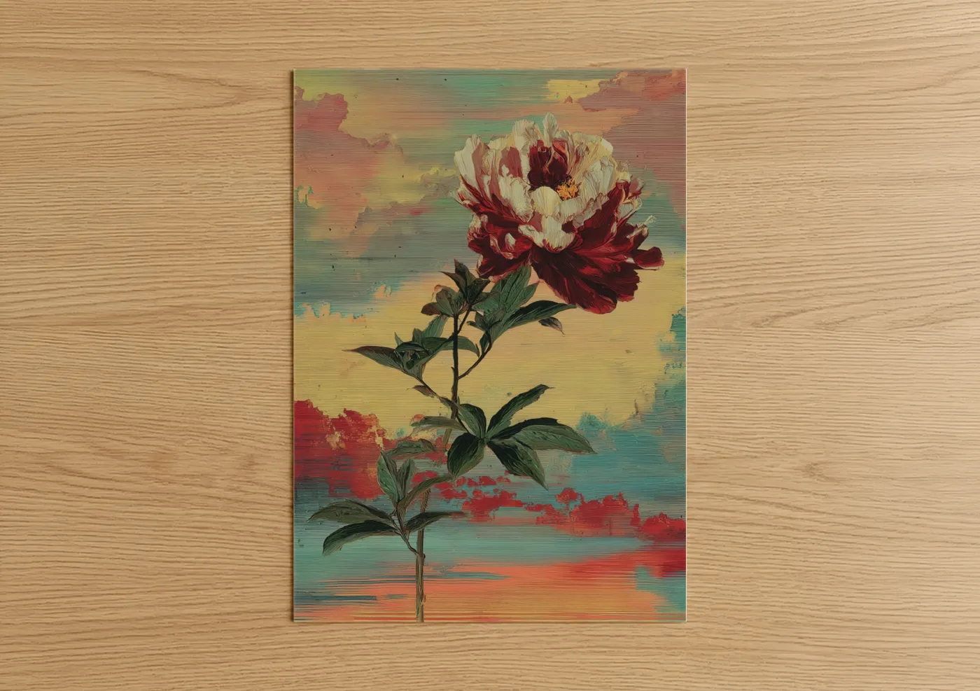 Art print on warm oak wood — gold and red palette — Crimson Peony Sunrise poster