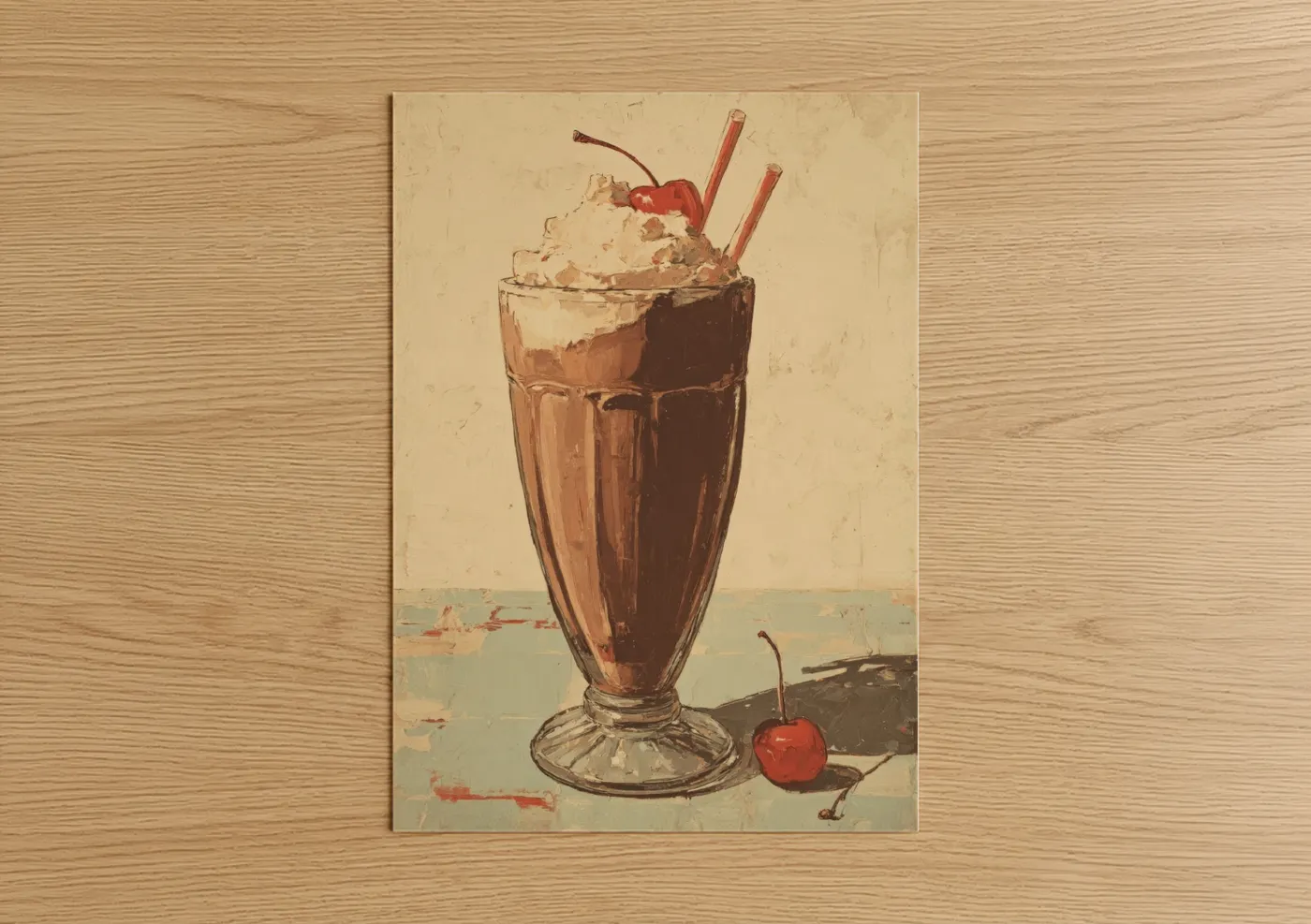 Milkshake art print on warm oak wood — brown and cream palette — Classic Chocolate Shake poster