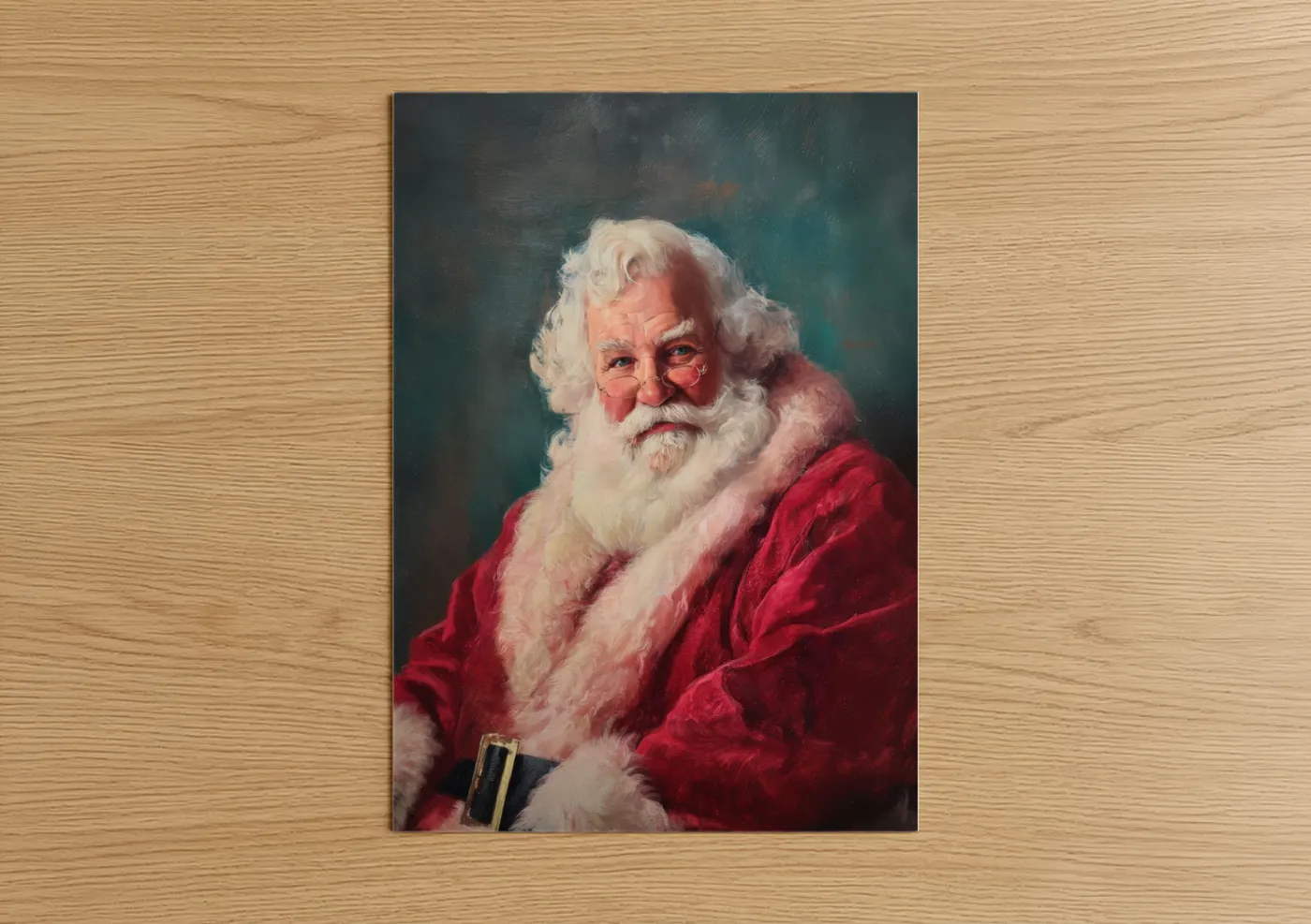 Christmas art print on warm oak wood — red and white palette — Jolly Santa Portrait poster