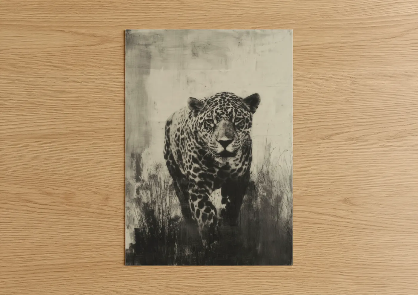 Art print on warm oak wood — black and white and gray palette — Stalking Jaguar poster