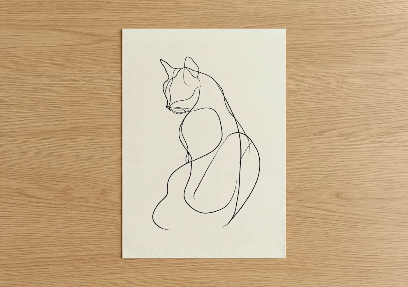 Art print on warm oak wood — black and white and cream palette — Minimalist Cat poster