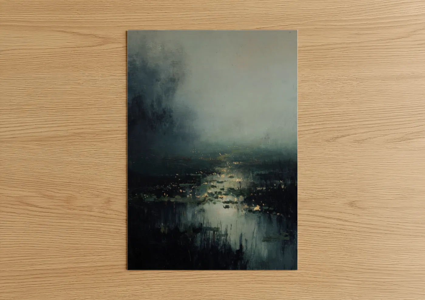 Art print on warm oak wood — gray and yellow and dark blue palette — Twilight Fireflies poster