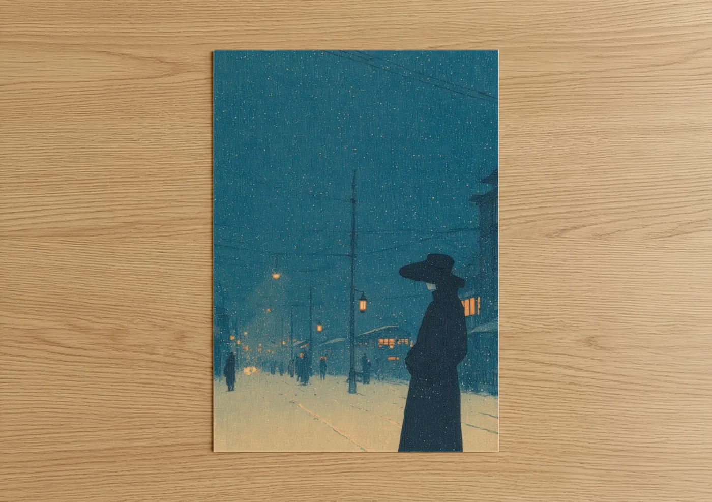 Women's fashion art print on warm oak wood — teal and gold palette — Snowy Evening Fashion poster