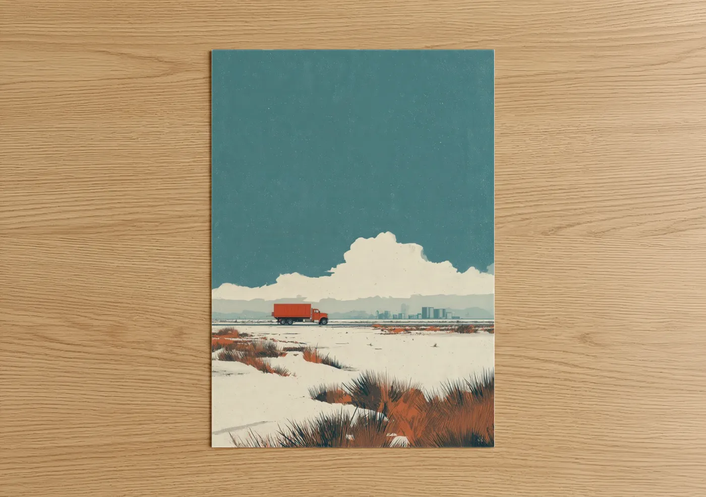 Art print on warm oak wood — teal and cream palette — Desert Truck poster