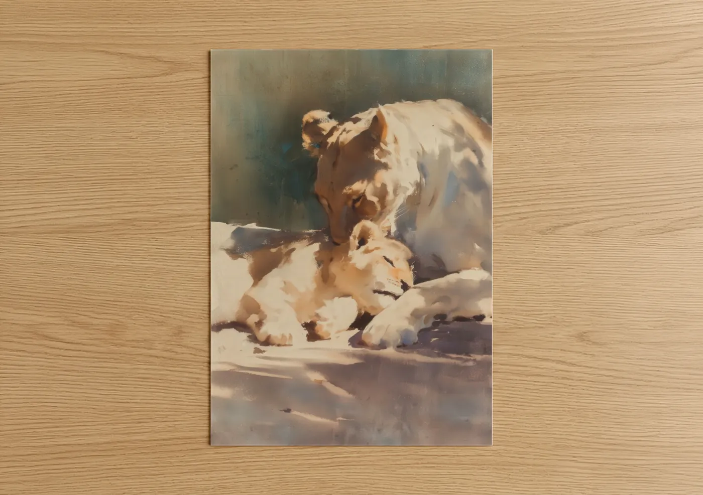 Art print on warm oak wood — gold and white palette — Snowy Lion Pair poster
