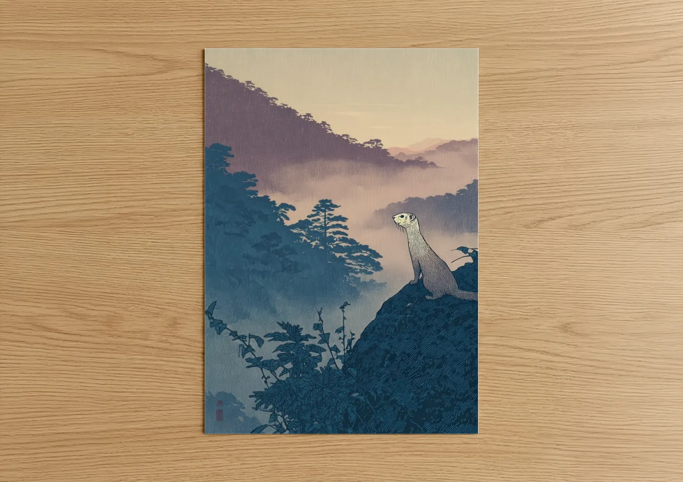 Mountain Weasel Misty Forest Landscape Wall Art