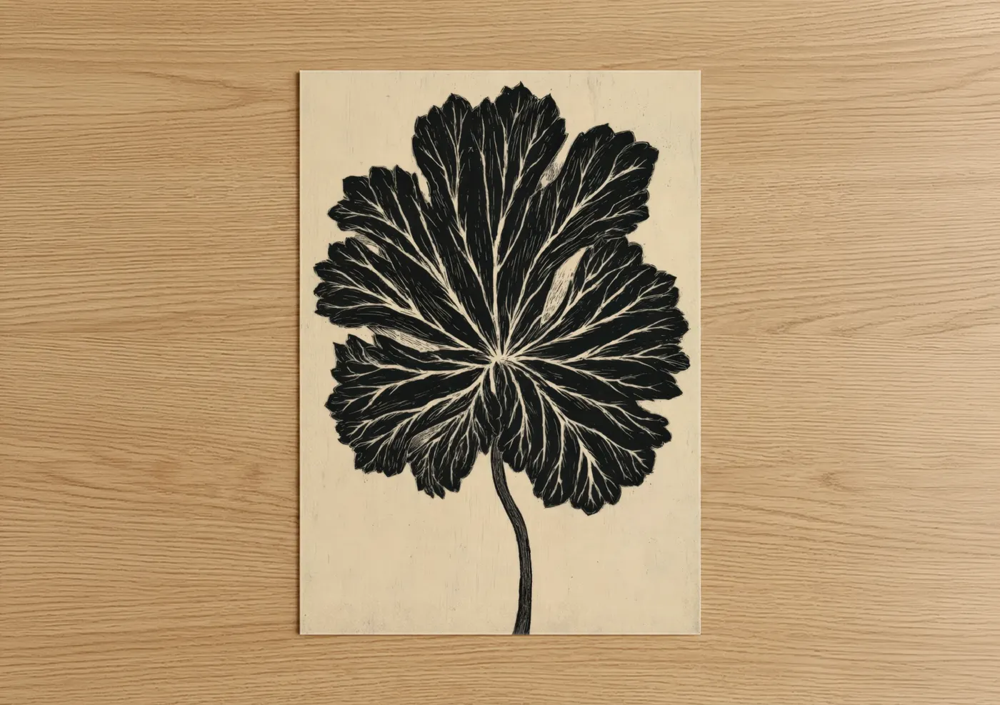 Art print on warm oak wood — black and white and cream palette — Botanical Geranium poster