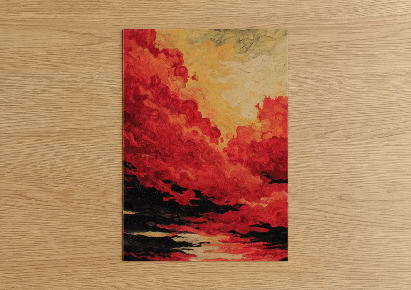 Art print on warm oak wood — red and gold palette — Crimson Volcano Eruption poster