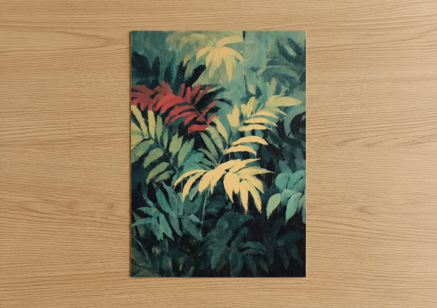 Palm tree art print on warm oak wood — teal and gold palette — Tropical Palm Garden poster