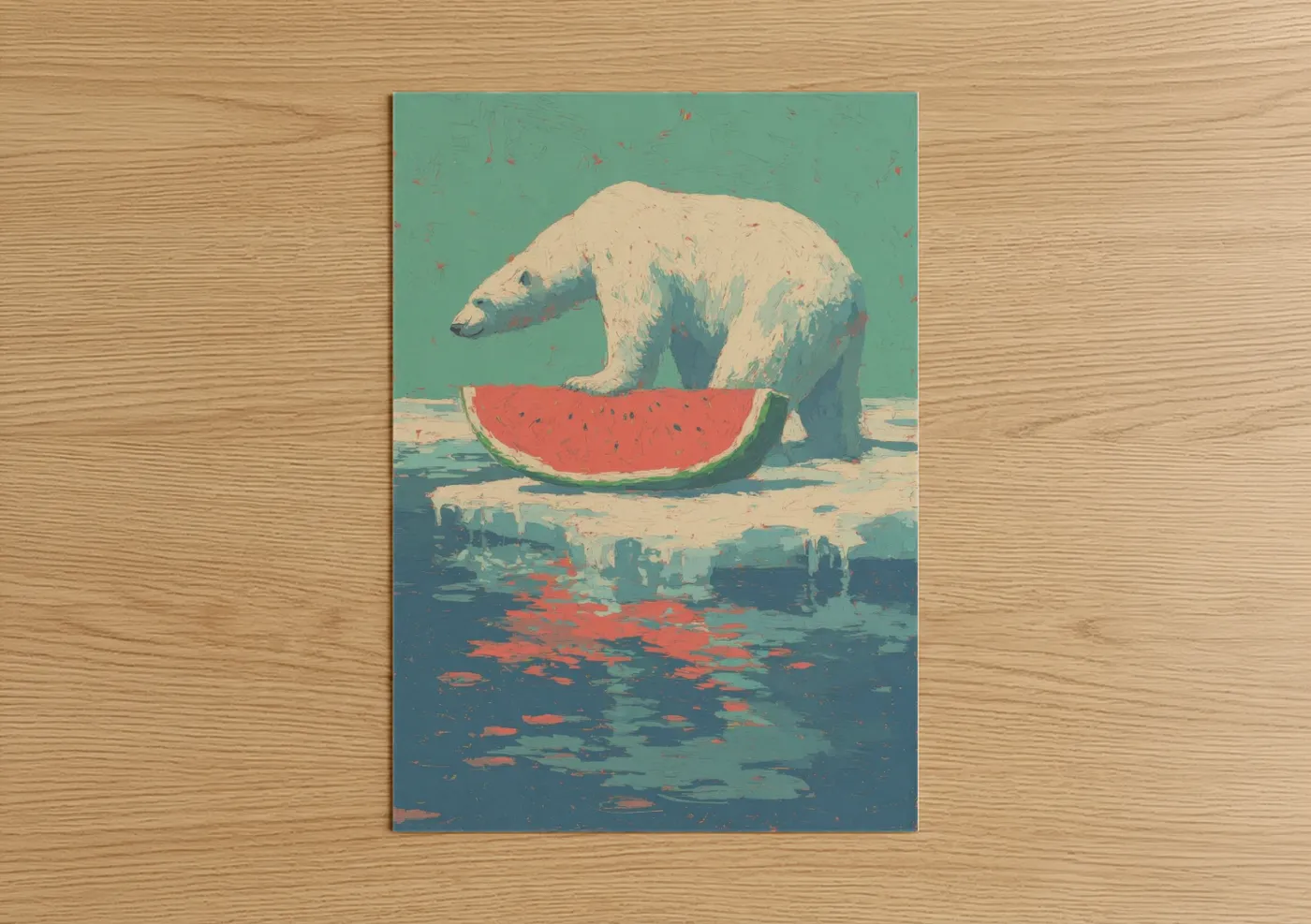 Art print on warm oak wood — teal and cream palette — Watermelon Polar Bear poster