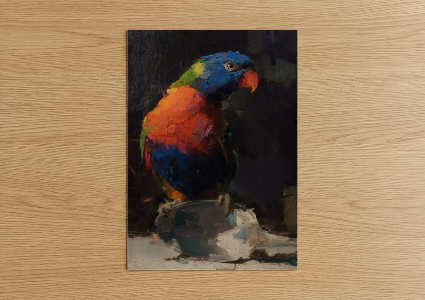 Rainbow lorikeet art print on warm oak wood — blue and orange palette — Vibrant Lorikeet Portrait poster