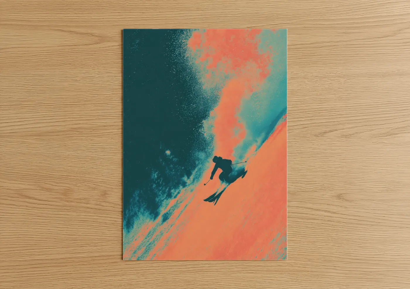 Skiing art print on warm oak wood — orange and teal palette — Alpine Descent poster