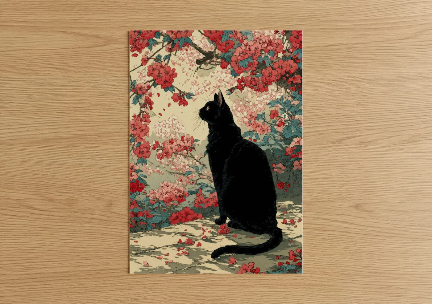 Black Cat Among Red Flowers Wall Art