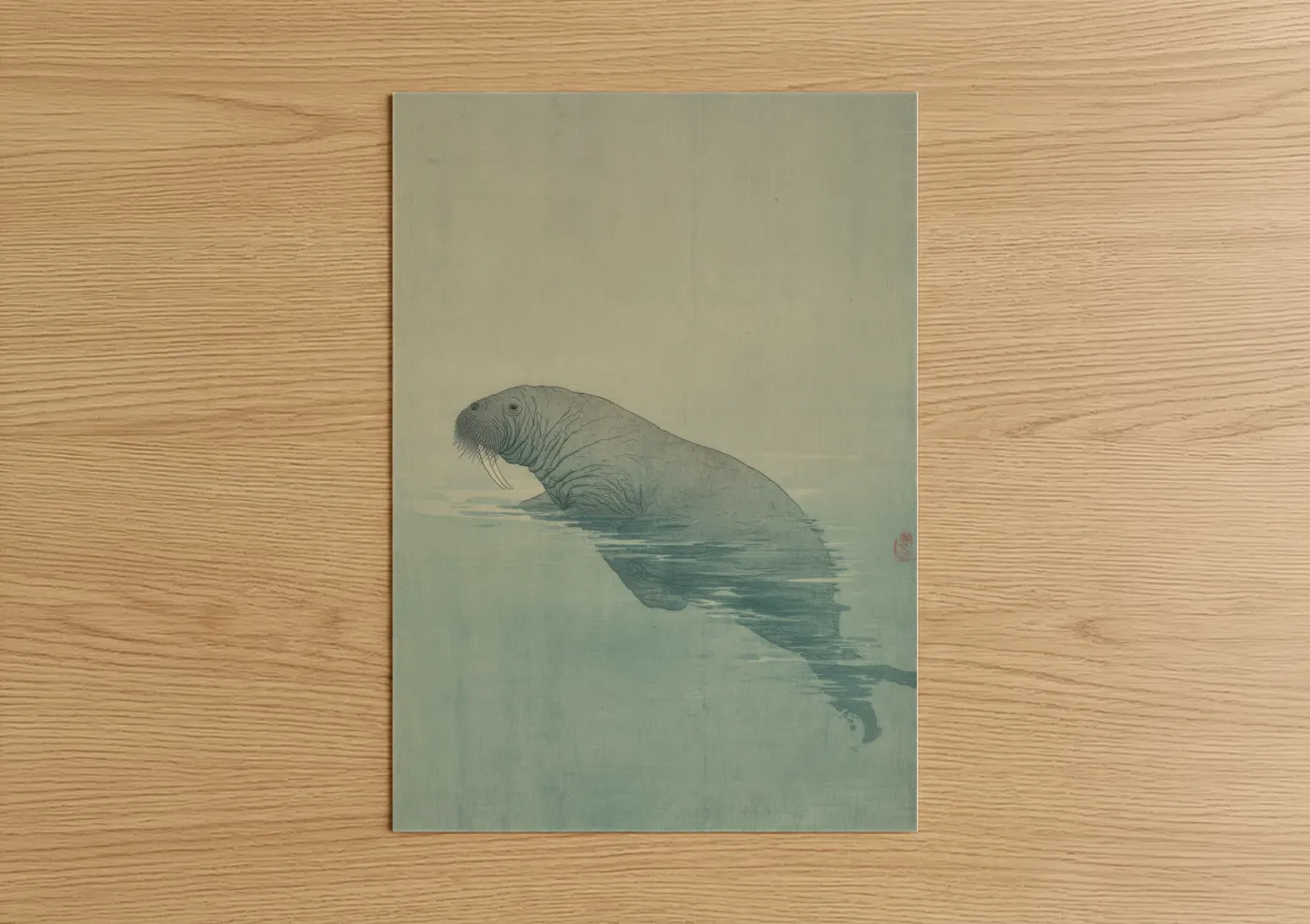 Art print on warm oak wood — gray and blue and gray palette — Serene Walrus poster