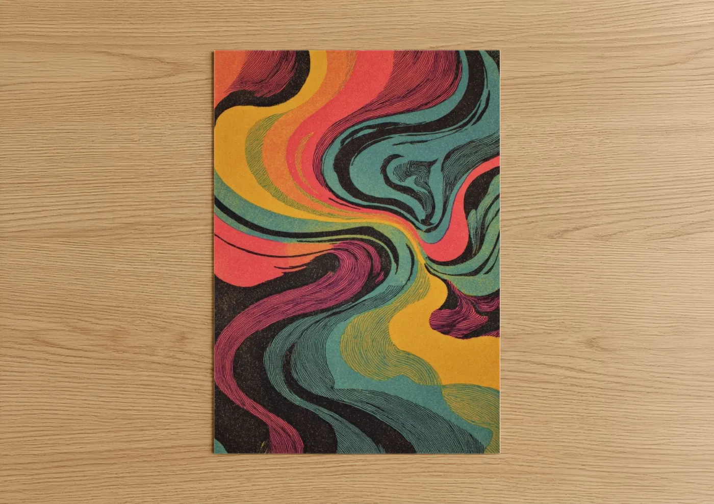 Abstract expressionism art print on warm oak wood — magenta and gold palette — Psychedelic Swirl poster