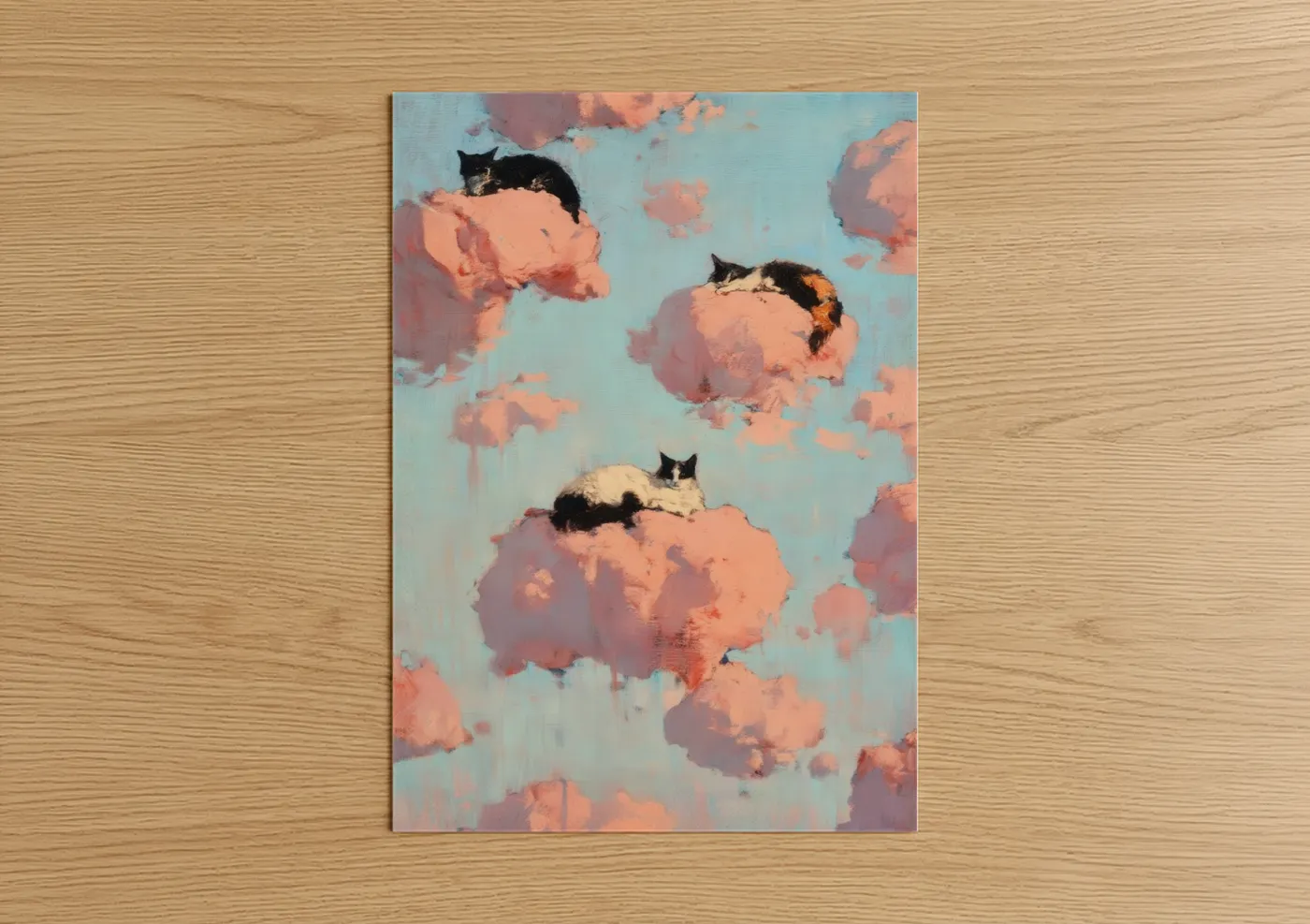 Art print on warm oak wood — blue and peach palette — Cloud Cats poster