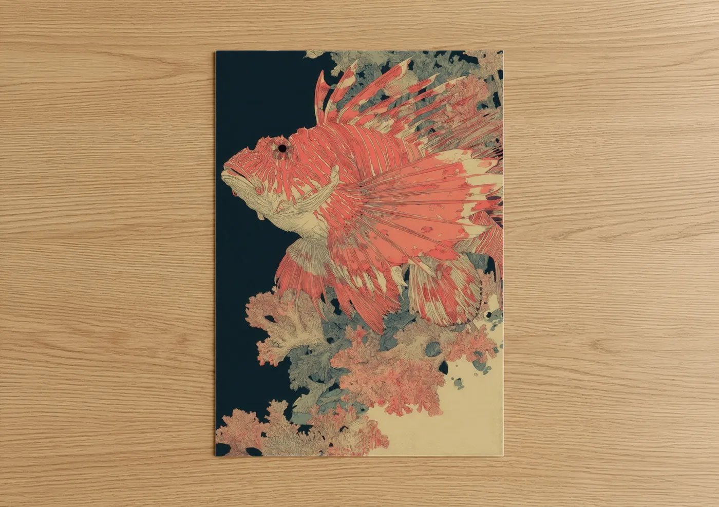 Art print on warm oak wood — salmon pink and dark blue palette — Crimson Lionfish poster