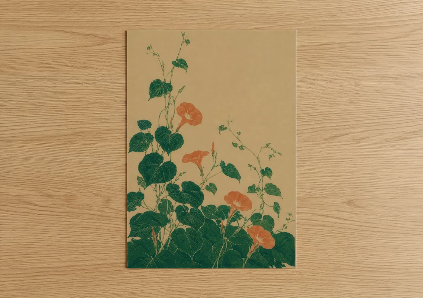 Flower art print on warm oak wood — beige and true green palette — Japanese Morning Glory Botanical Wall Art poster