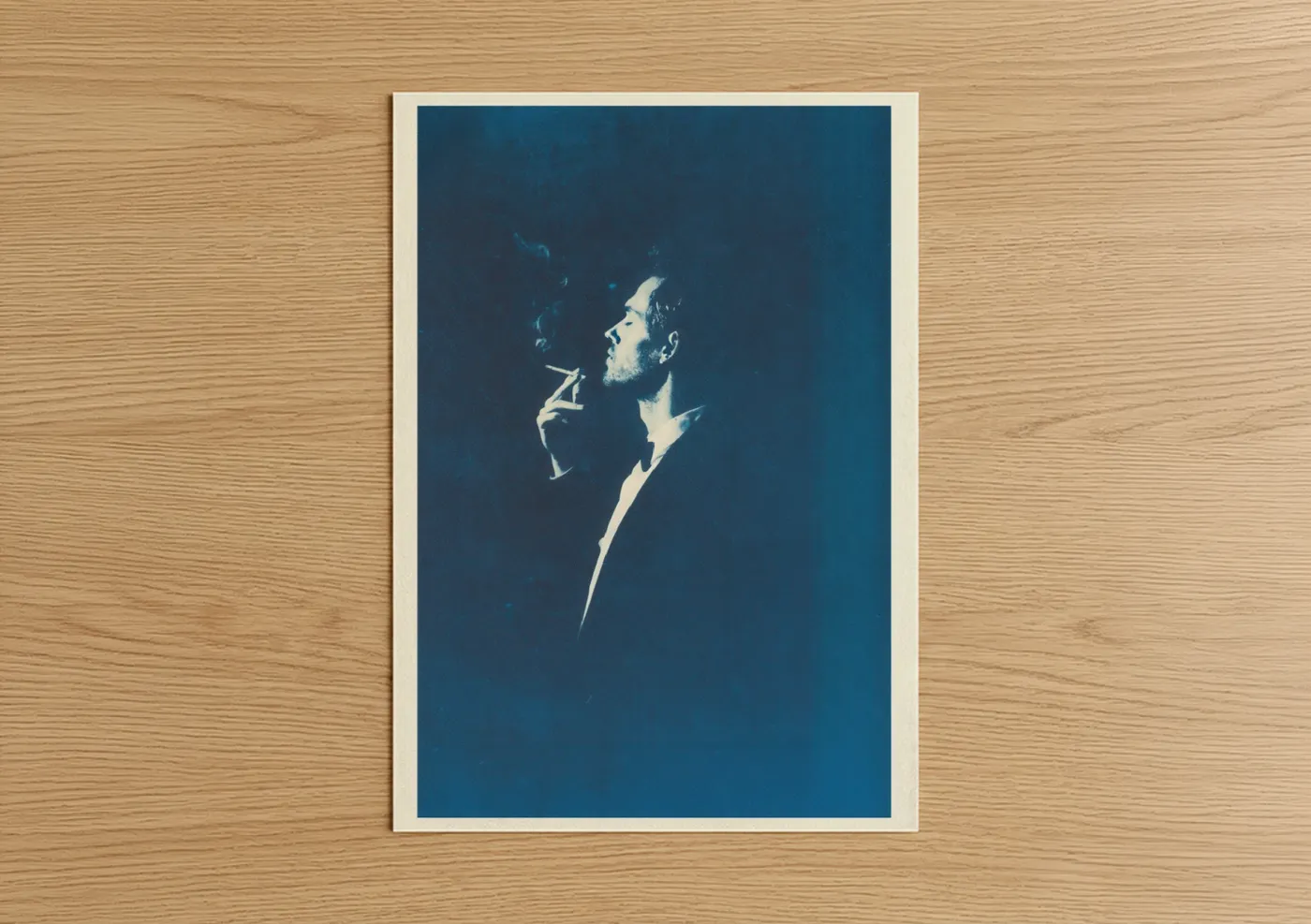 Abstract classic art print on warm oak wood — dark blue and white palette — Contemplative Profile poster