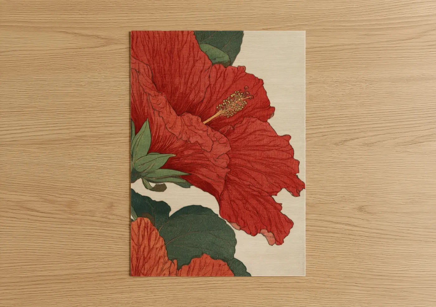 Art print on warm oak wood — red and dark green palette — Crimson Hibiscus Study poster