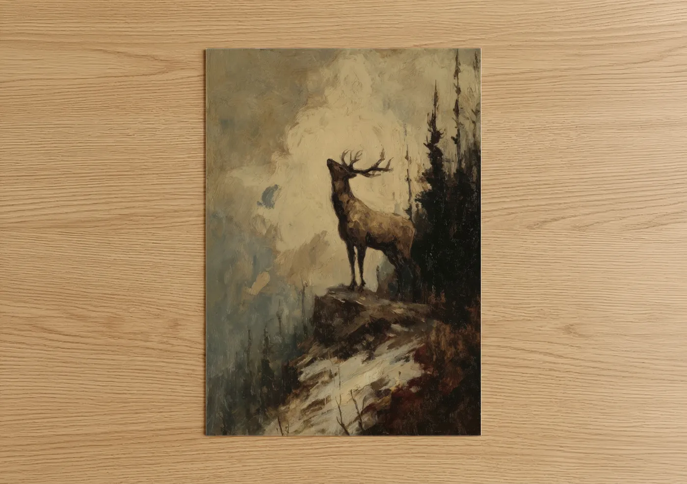 Art print on warm oak wood — brown and cream palette — Mountain Reindeer poster