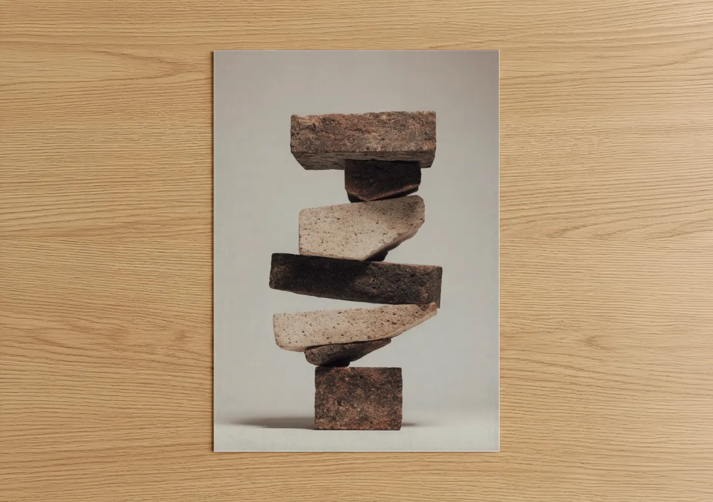 Natural stones art print on warm oak wood — beige and black palette — Stacked Stone Balance poster
