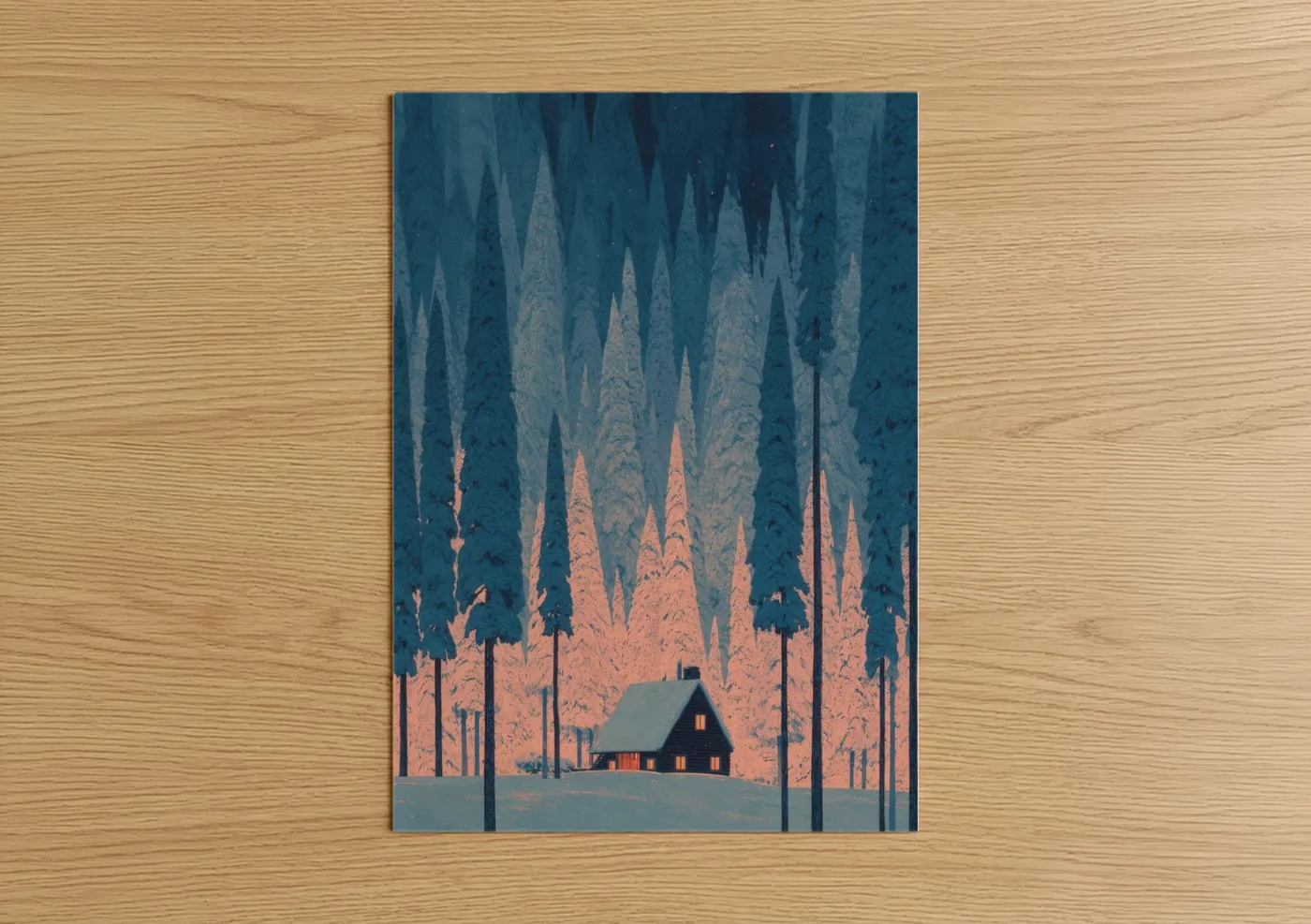 Art print on warm oak wood — teal and peach palette — Snowy Cottage Forest poster