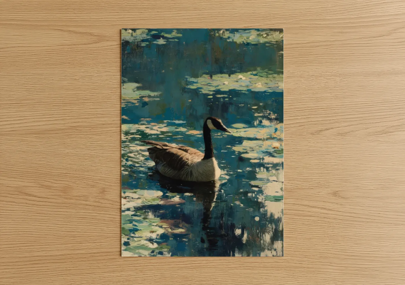 Geese art print on warm oak wood — teal and cream palette — Tranquil Goose poster